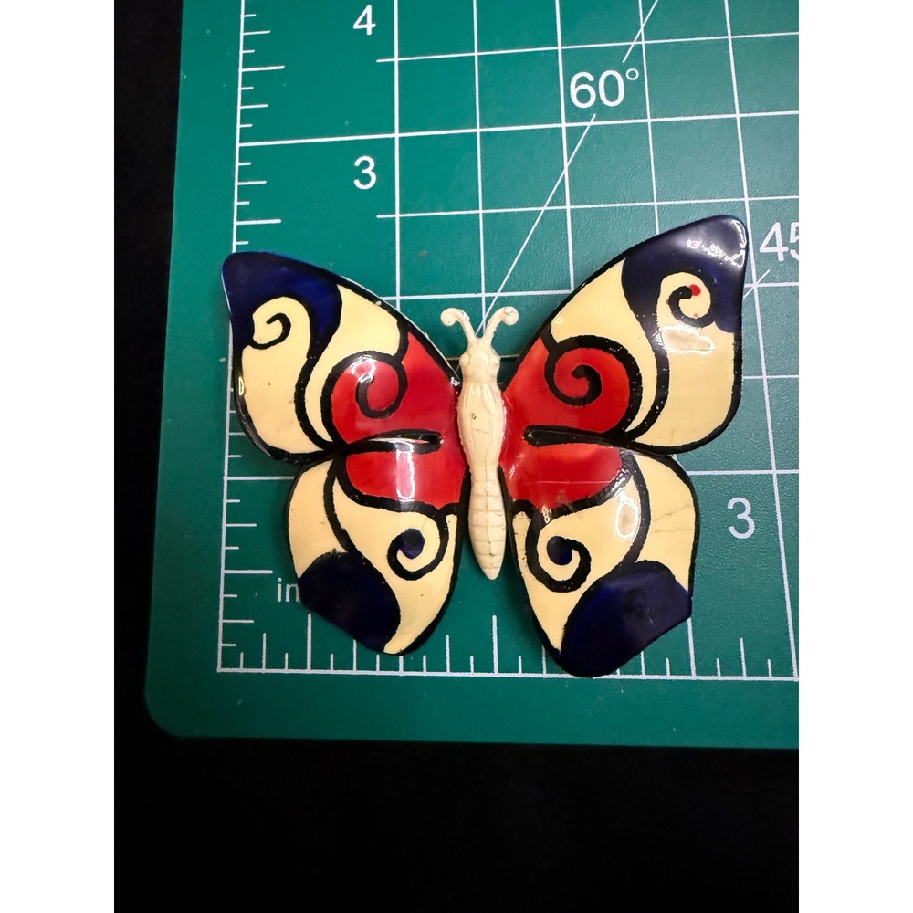 Vintage West Germany Enameled Butterfly Brooch Red Blue Cream Mid Century Pin